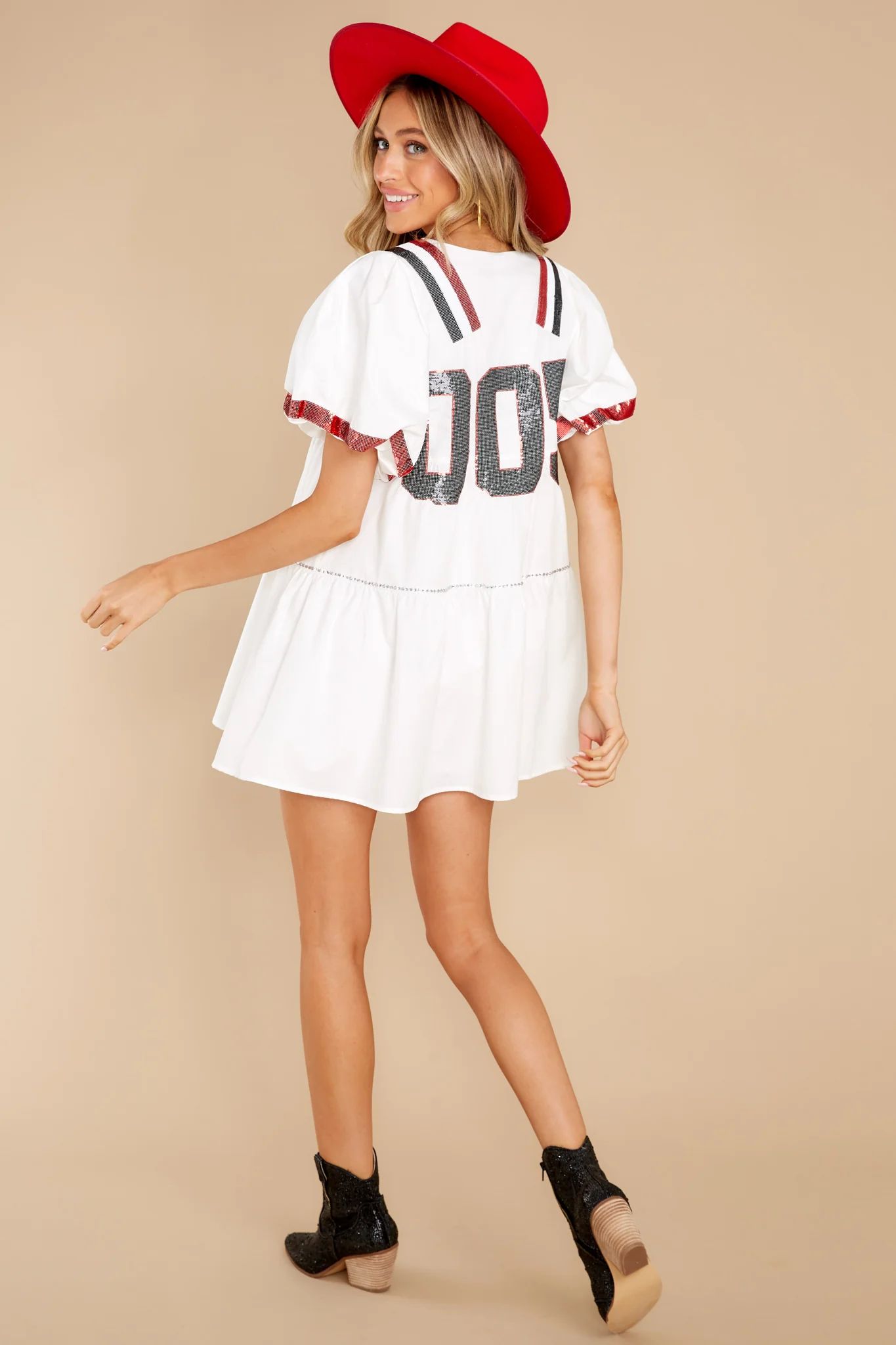 White Poof Sleeve Jersey Dress | Red Dress 