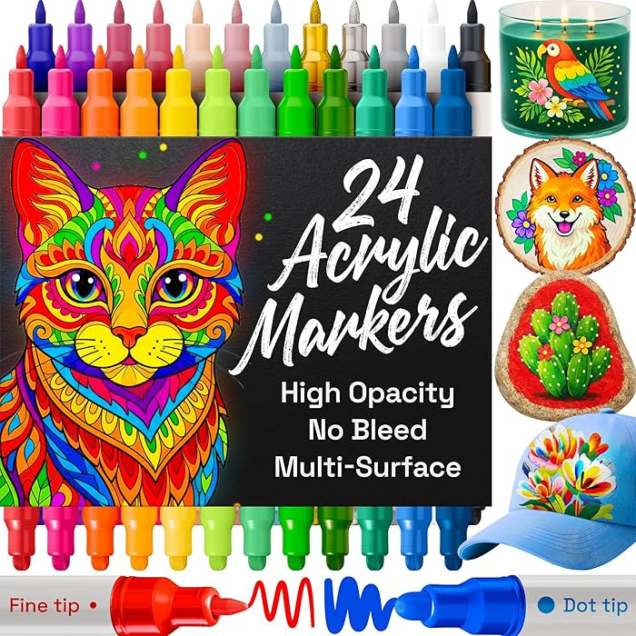 ARTISTRO 24 Acrylic Paint Markers for Rock, Fabric, Wood, Glass, Eggs - Dual-Tip Paint Pens for C... | Amazon (US)