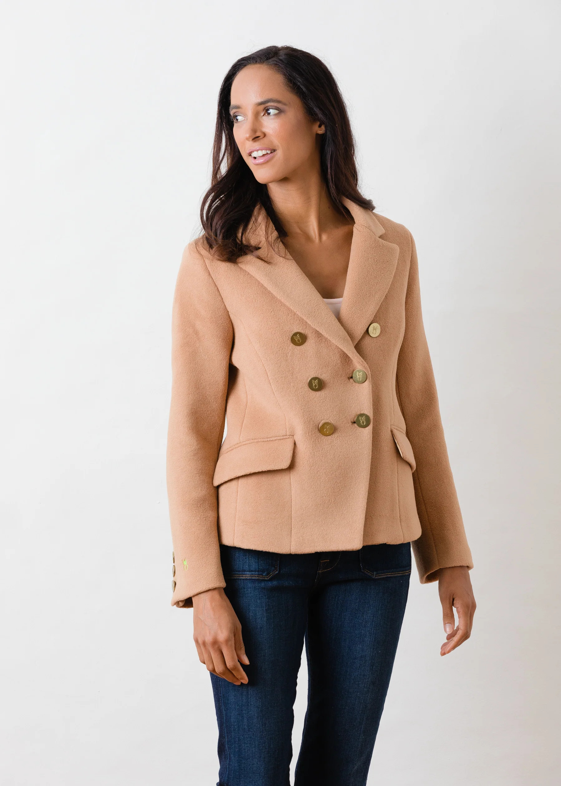 Women's Mead Point Blazer in Double Layer Vello Fleece (Camel), in Size S (4) - Modern Fleece Clothi | Dudley Stephens