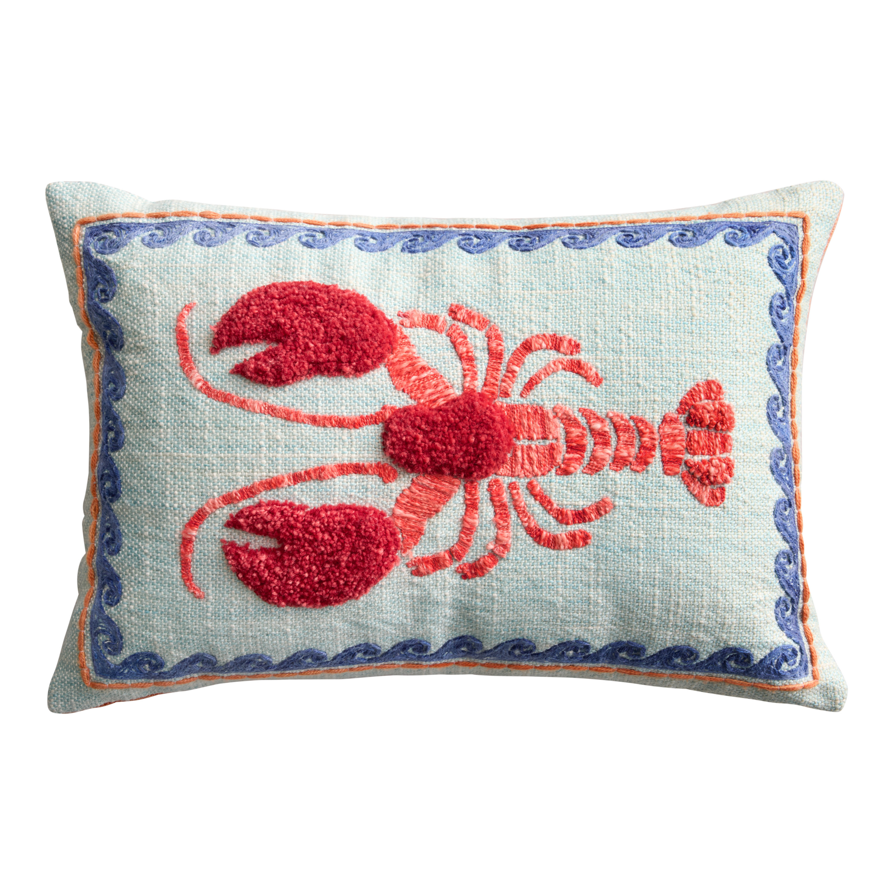 Blue and Red Lobster Embroidered Indoor Outdoor Lumbar Pillow - World Market | World Market