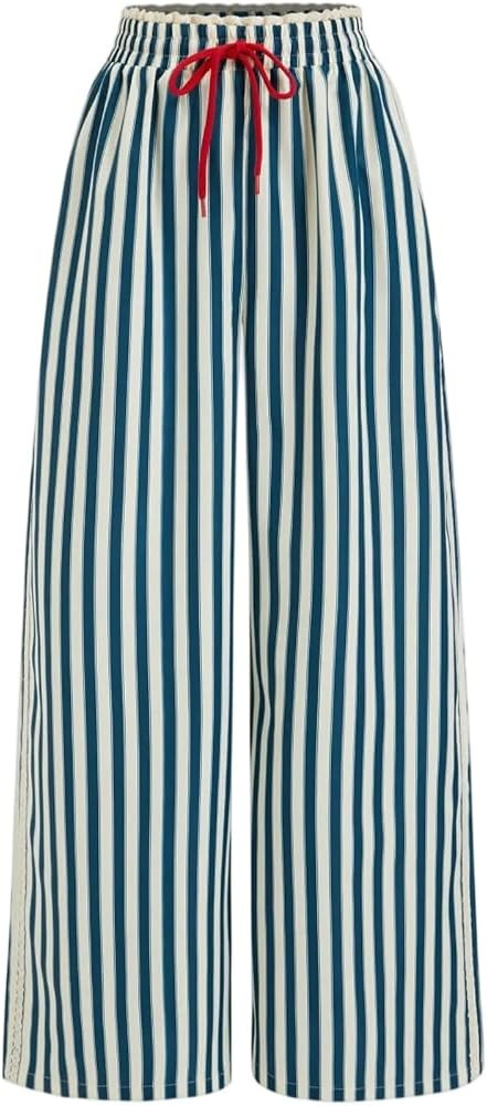 Duyang Women Striped Lounge Pants Casual Wide Leg Trousers Lace Trim Elastic Waist Palazzo Pants ... | Amazon (US)