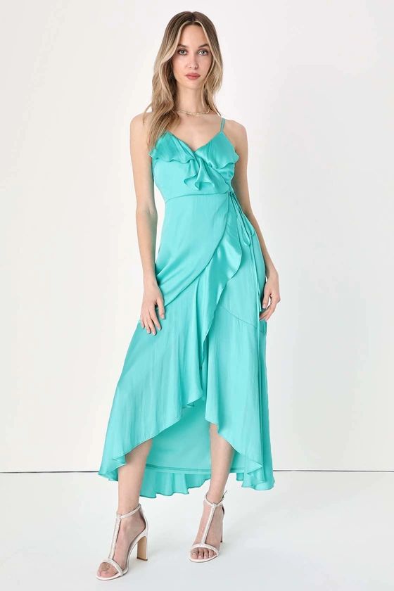 Glowing Arrival Teal Blue Ruffled Wrap Midi Dress | Lulus (US)