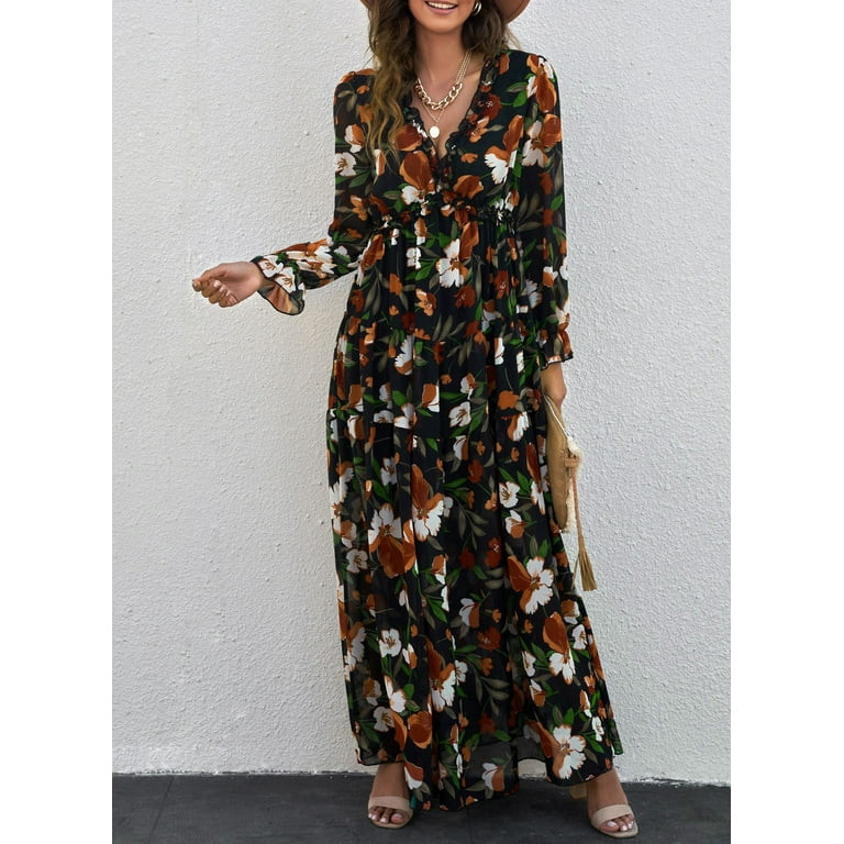 Dokotoo Women's Black Floral Maxi Dresses Casual Deep V Neck Long Sleeve Evening Dress Cocktail P... | Walmart (US)