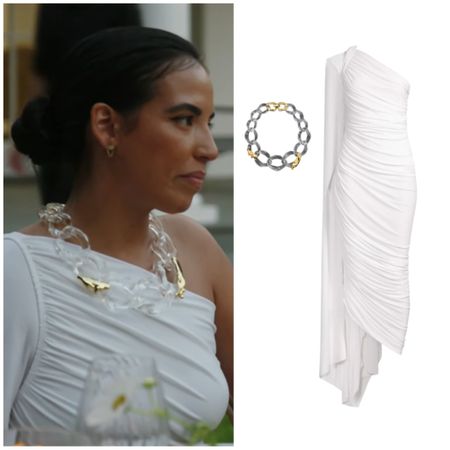 Danielle Olivera’s White Asymmetrical Draped Dress and Necklace