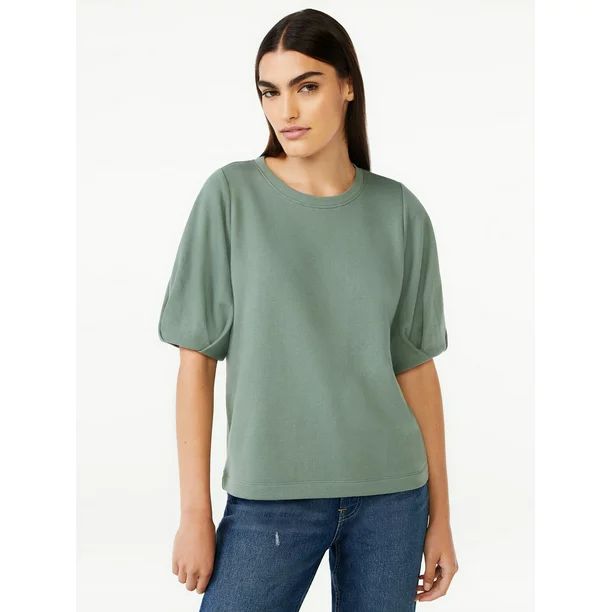 Free Assembly Women's Pleat Sleeve Crewneck Top - Walmart.com | Walmart (US)