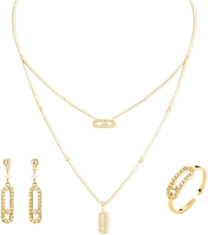 Jewelry set, double necklace, full diamond pendant earrings, open ring, 18k gold-plated sliding r... | Amazon (US)