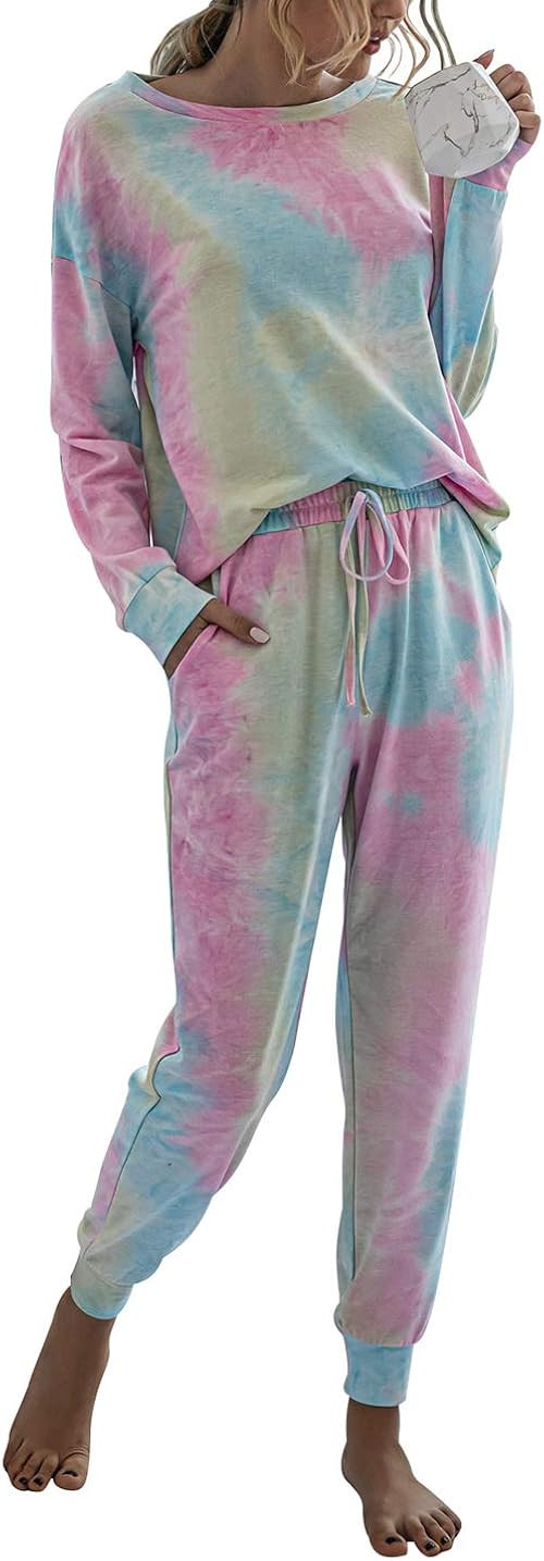 PRETTYGARDEN Women’s Tie Dye Two Piece Pajamas Set Long Sleeve Sweatshirt with Long Pants Sleep... | Amazon (US)