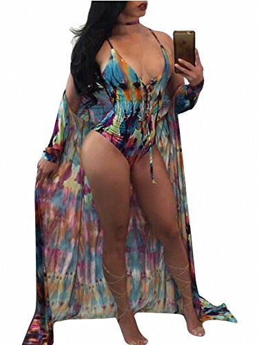 Ytwysj Women's Sexy Abstract Print Teddy One Piece Swimsuit With Long Caftan Kimono Cover Up Beachwe | Amazon (US)