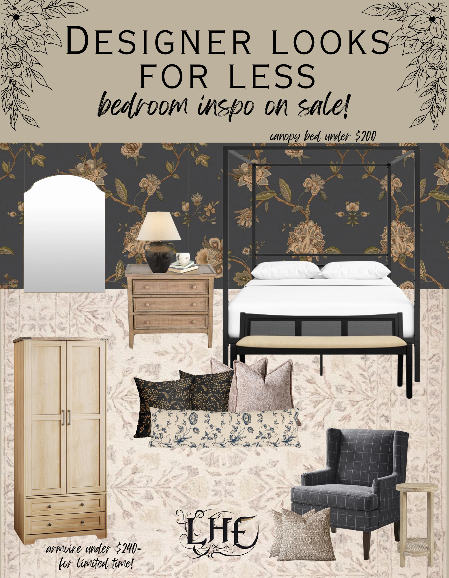 gahhh... I just love all these finds. They look so designer but without the price tag! This is totally giving a french country kinda vibe! Shop by clicking the thumbnails below! bedroom inspo, mood board, bedroom mood board, bedroom furniture, bedroom decor ideas, bedroom, affordable home decor, French country home, moody bedroom, moody bedroom decor, moody master bedroom, wall paper, wall art, canopy bed, affordable canopy bed, designer inspired, designer looks for less, designerlooksforless, decorative pillows, armoire, accent chair, wall mirror, bedroom bench, nightstand, pottery barn dupes, pottery barn looks for less  

 #LTKHome #LTKSaleAlert #LTKStyleTip