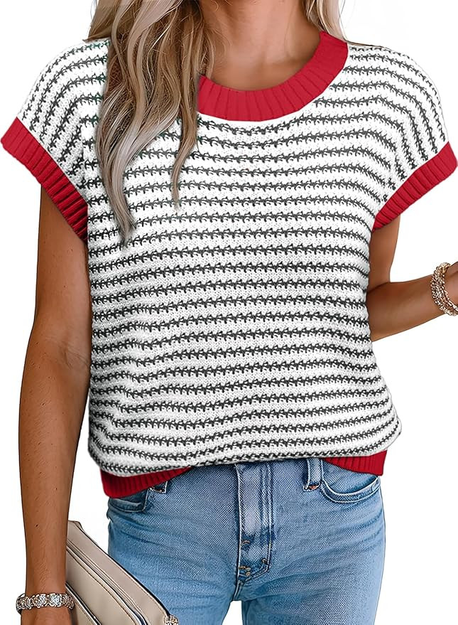 EVALESS Women's Sweater Vest Striped Pullover Tank Top Round Neck Cap Sleeve Lightweight 2025 Sum... | Amazon (US)