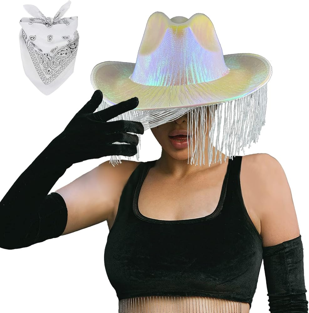 Cowgirl Hat with Feather, Feather Brim Bride Cowboy Hat with Bandana, Cowgirl Hats Women for Hall... | Amazon (US)