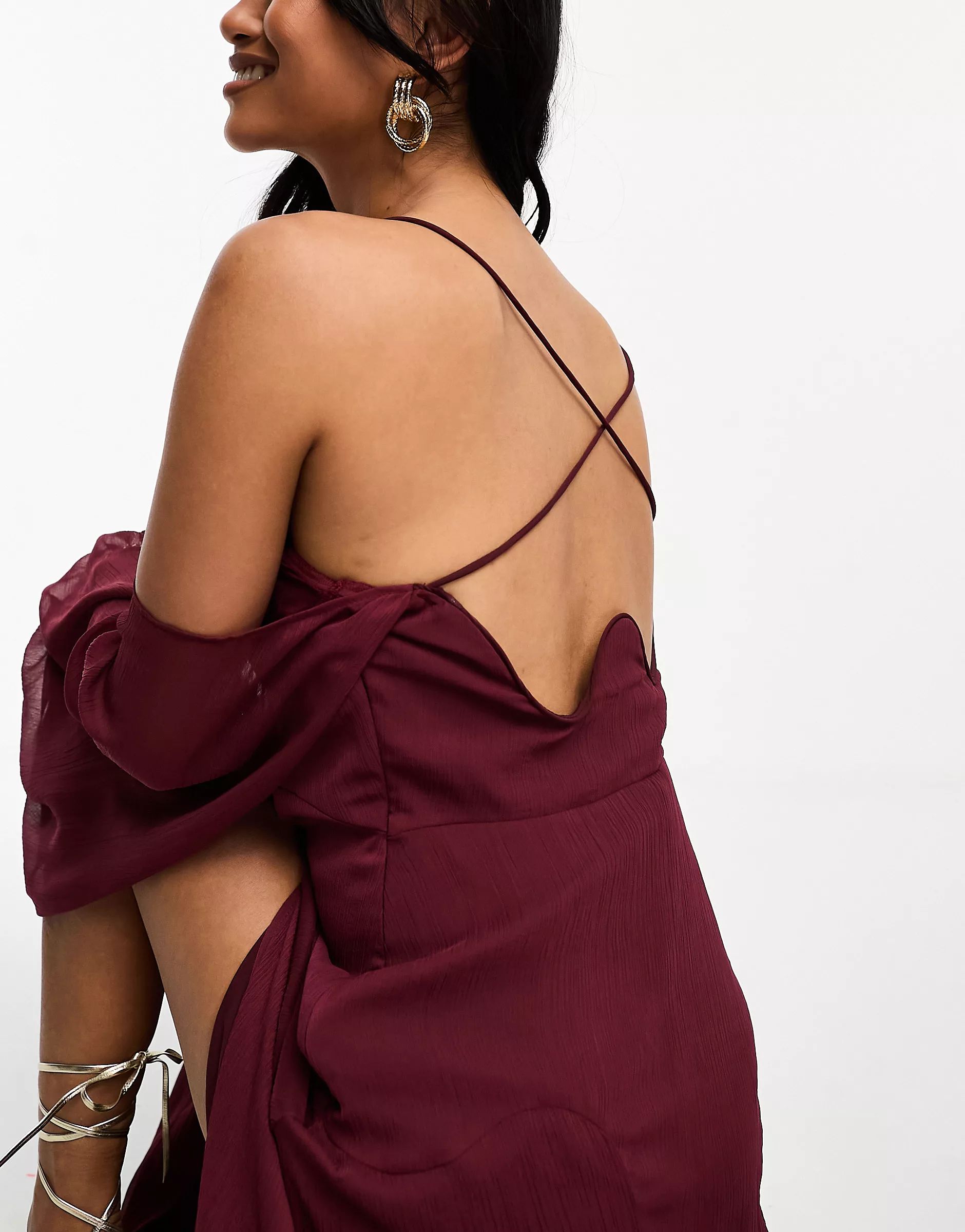 ASOS DESIGN halter cold shoulder maxi dress with wave neckline in burgundy | ASOS (Global)