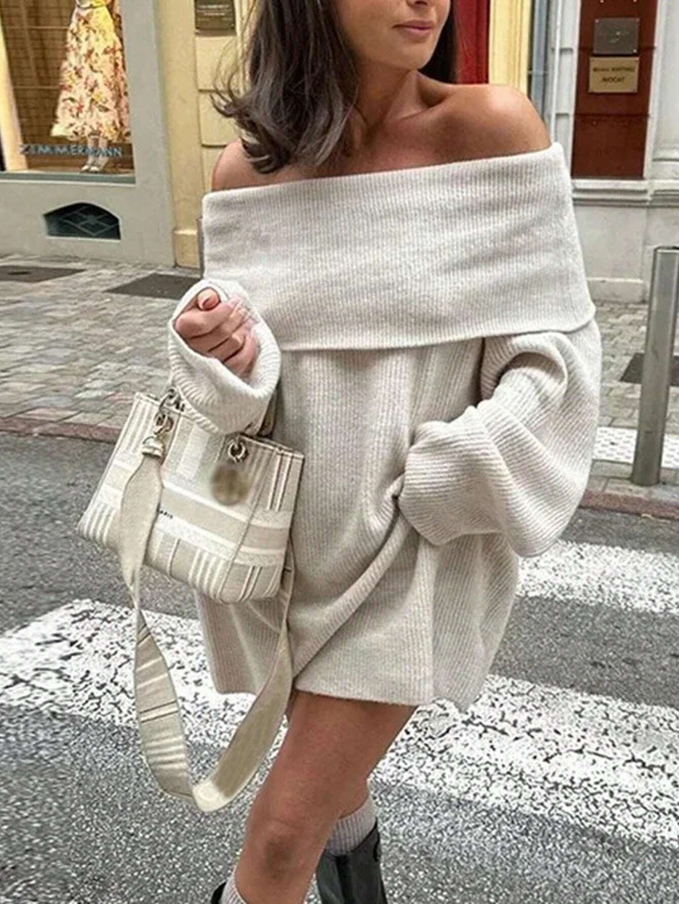 SHEIN EZwear Women's Off-Shoulder Lantern Sleeve Loose Straight Casual Sweater Dress, Autumn/Wint... | SHEIN