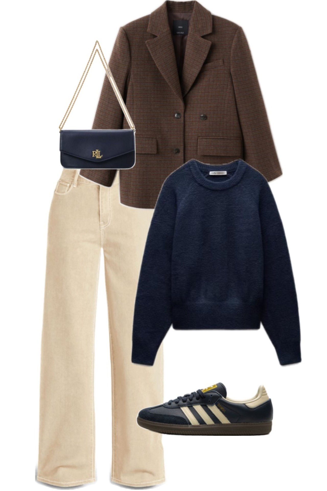 navy sweater outfit, tan jeans outfit, brown blazer style, navy and brown outfit, neutral fall outfit, Ralph Lauren inspired style, classic everyday look, navy adidas sambas, capsule wardrobe essentials, timeless street style, casual chic outfit, elevated basics outfit

#LTKShoeCrush #LTKFindsUnder100 #LTKStyleTip