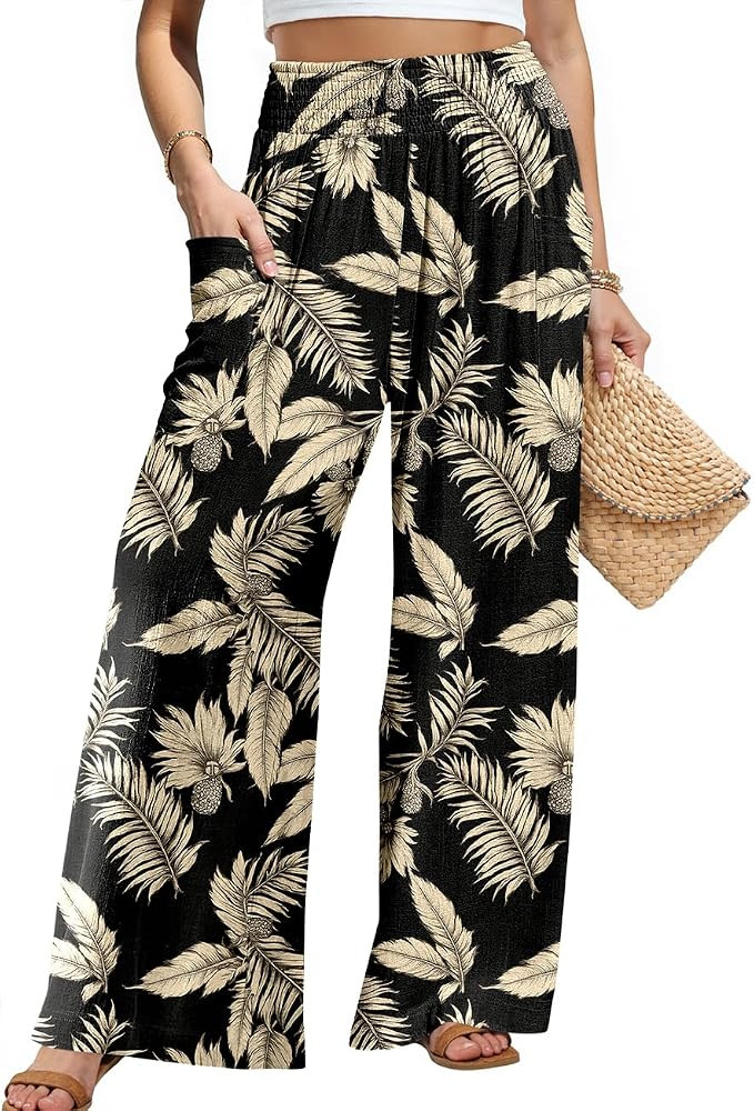 TARSE Women Linen Palazzo Pants Wide Leg Summer Boho High Waist Casual Lounge Pant Beach Travel V... | Amazon (US)