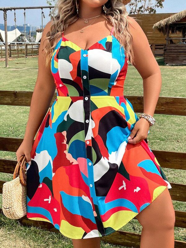 SHEIN VCAY Plus Allover Print Button Front Cami Dress | SHEIN