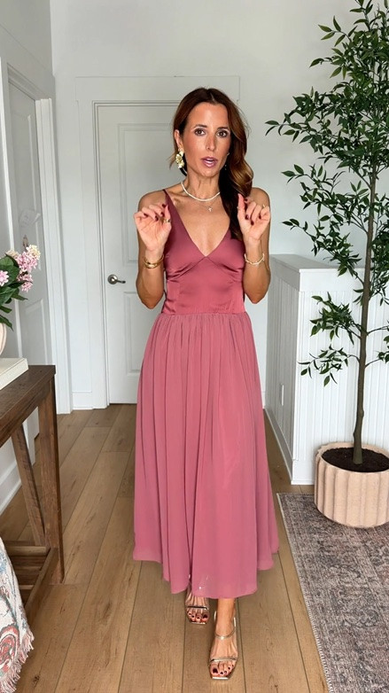 I love this mauve midi dress in XXS petite. Fall dress. Wedding guest dress. Fall wedding guest. Cocktail dress. Party dress. Fall outfit. Fall style. Thanksgiving dress. Pumpkin patch outfit. Gold heels are TTS.