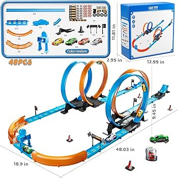 Toy Car Track Gift Set for Boys Kids Age 3-5 4-7 8-12, Long Race Tracks with 4 Action Loops and 4... | Amazon (US)