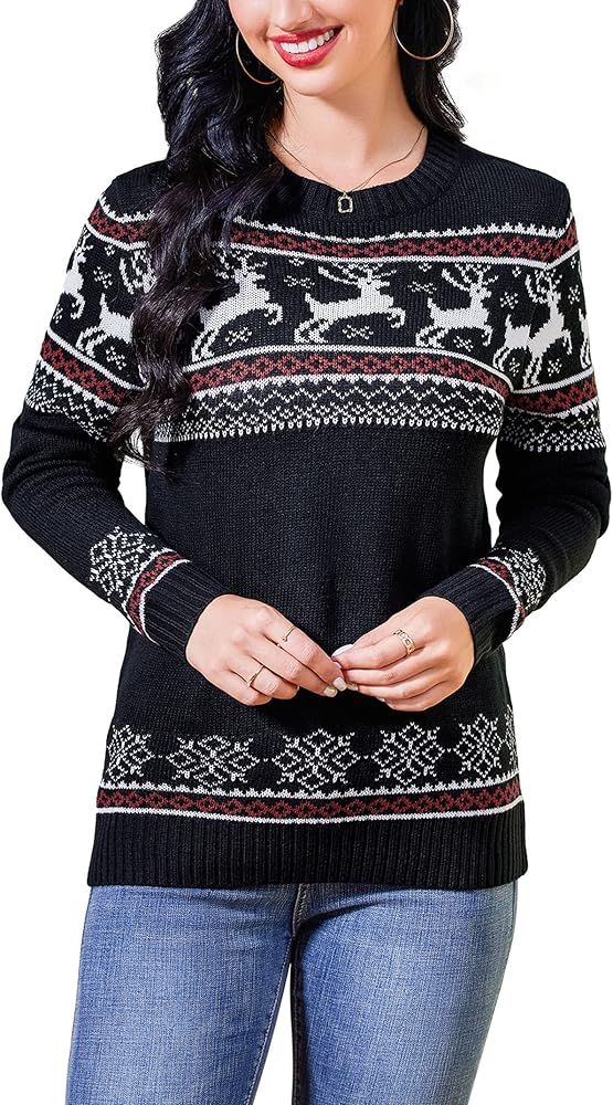 MISSKY Women's Long Sleeve Ugly Christmas Sweater Reindeer Knit Pullover Tops | Amazon (US)