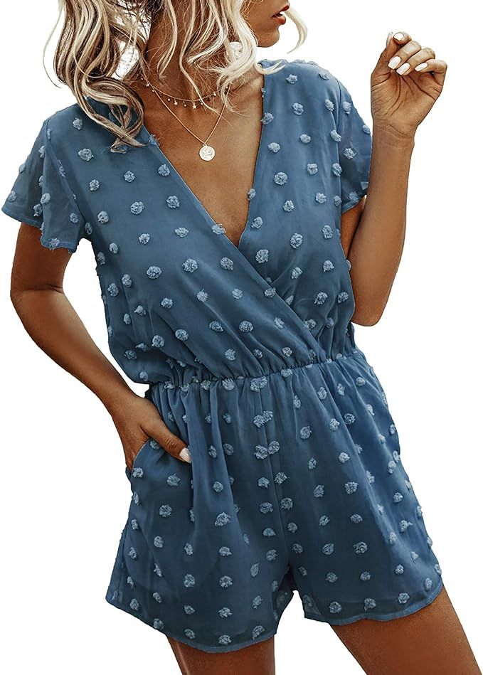 BTFBM Women Fashion Wrap V-Neck Swiss Dot Print Soft Short Sleeve Elastic Waist Plain Summer Shor... | Amazon (US)