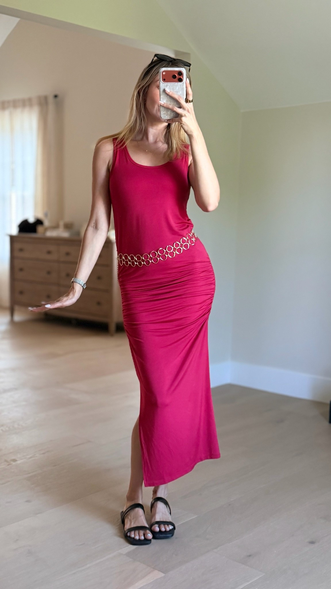 Ladies, this dress  from @SKIVYS is SO flattering. The ruching hides the tummy, the waist detail creates an hourglass shape, and the stretchy fabric fits your body beautifully! Wearing size S!

Summer dress • red dress • maxi dress • gold chain • gold belt

#LTKootd #LTKgrwm #LTKdayinmylife