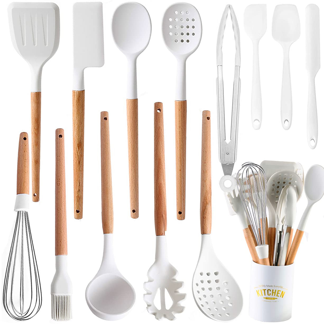 Kitchen Cooking Utensils Set, 14 Non-Stick Silicone Cooking Kitchen Utensils Spatula Set with Holder | Amazon (US)
