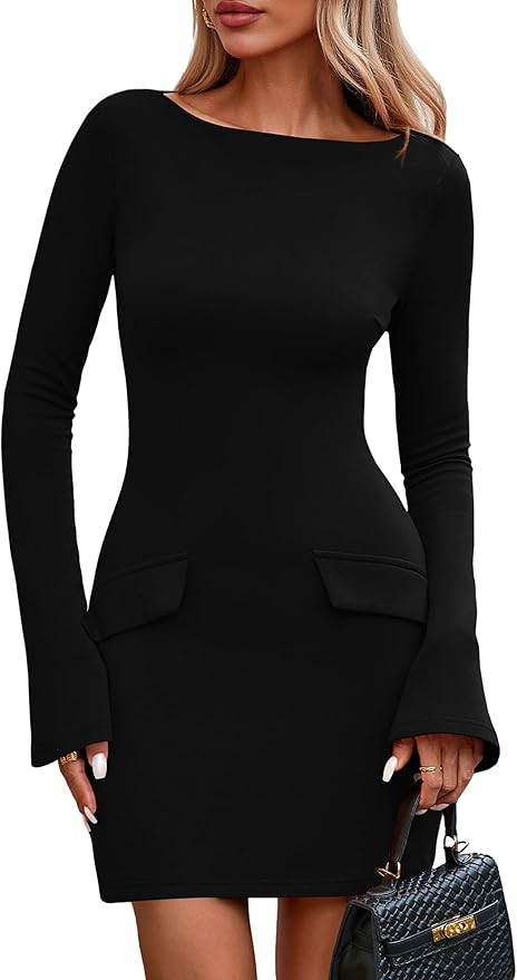 PRETTYGARDEN Womens Fall Long Sleeve Mini Dress 2025 Trendy Boat Neck Bodycon Knit Elegant Short ... | Amazon (US)