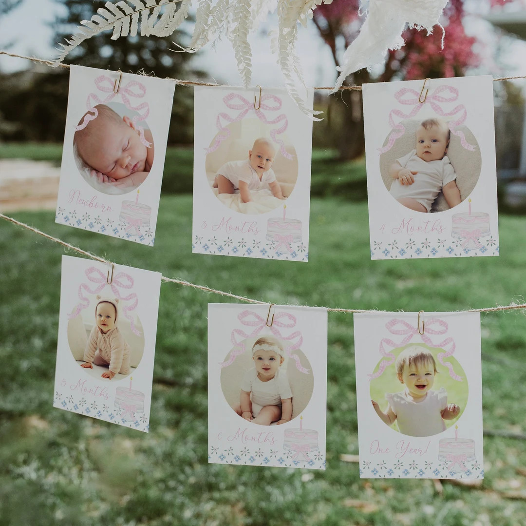 Pink Bow First Birthday Monthly Photo Banner, Gingham Cake and Floral 1st Birthday Banner, 2738 -... | Etsy (US)