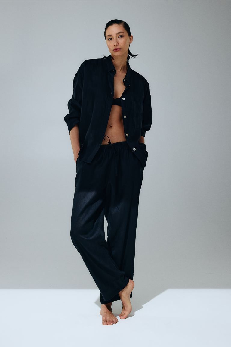 Linen trousers - High waist - Black - Ladies | H&M GB | H&M (UK, MY, IN, SG, PH, TW, HK)