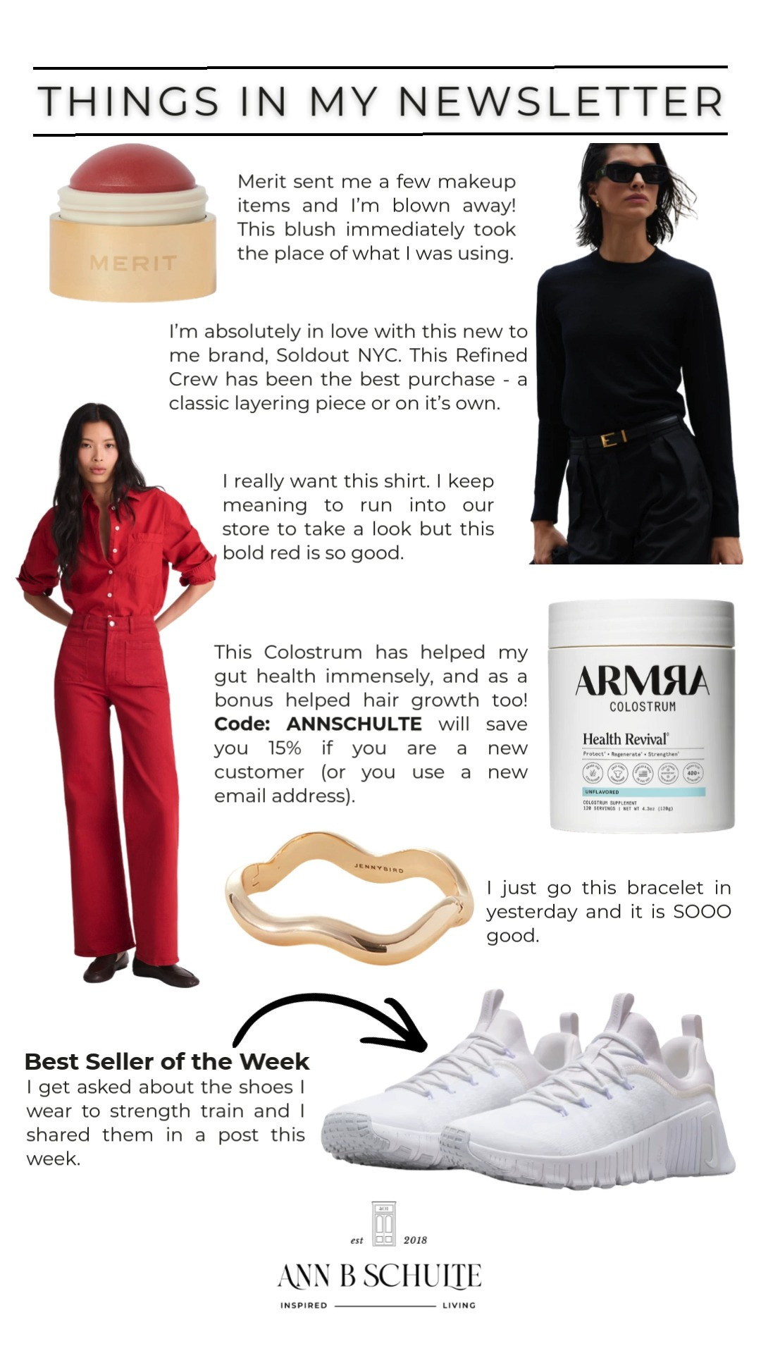 Things in my newsletter that I’m currently loving, from effortless outfits to little everyday upgrades. If you enjoy chic finds and comfy staples, these picks might make your list too 😊✨💌

#ltkstyle #madewell #merit #soldoutnyc #nike #jennybird #armra #capsulewardrobe #fashionfavorites #healthandwellness #fashionfinds 

 #LTKootd #LTKActive #LTKBeauty