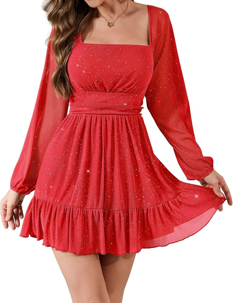 Bridesmay Women's Sparkly Mesh Lantern Sleeve Short Party Dresses 2026 Square Neck Flowy Mini Pro... | Amazon (US)