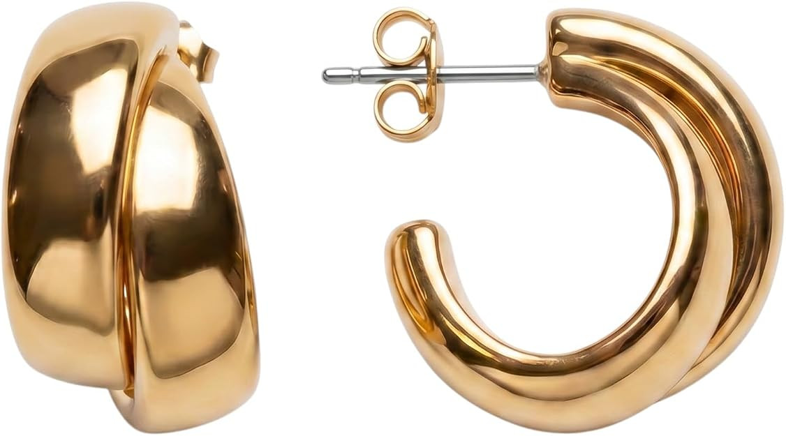 14K Gold Plated Large Double Layer C-Hoop Earrings for Women, Chunky Gold Hoop Earrings with Surg... | Amazon (US)