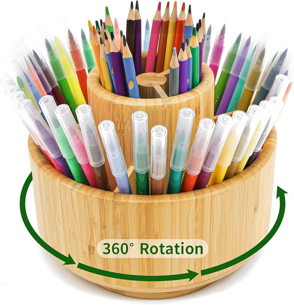 VaeFae Bamboo Pen Holder Organizer, 360° Rotating Art Supply Organizer, Desktop Storage for Mark... | Amazon (US)