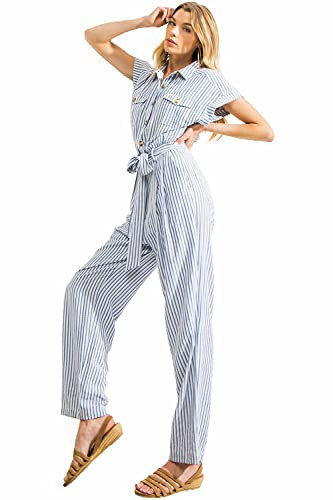 Flying Tomato Women's V-Neck Boho Wide-Leg Jumpsuit (Blue, Small) | Amazon (US)