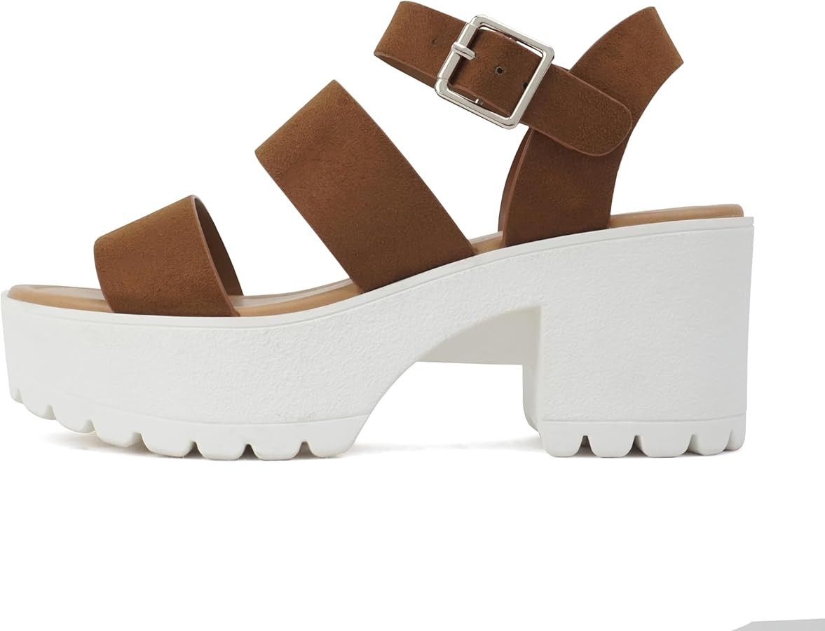 Soda ACCOUNT ~ Women Open Toe Two Bands Lug sole Fashion Block Heel Sandals with Adjustable Ankle... | Amazon (US)