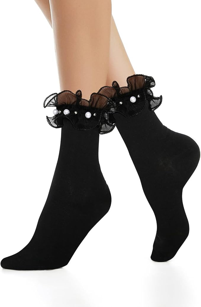 Benefeet Lace Ruffle Socks with Bow - Frilly Turn-Cuff Dress Anklet Socks for Women & Girls | Amazon (US)
