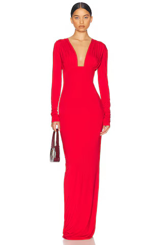 Helsa Jersey Deep V Maxi Dress in Red | FWRD 