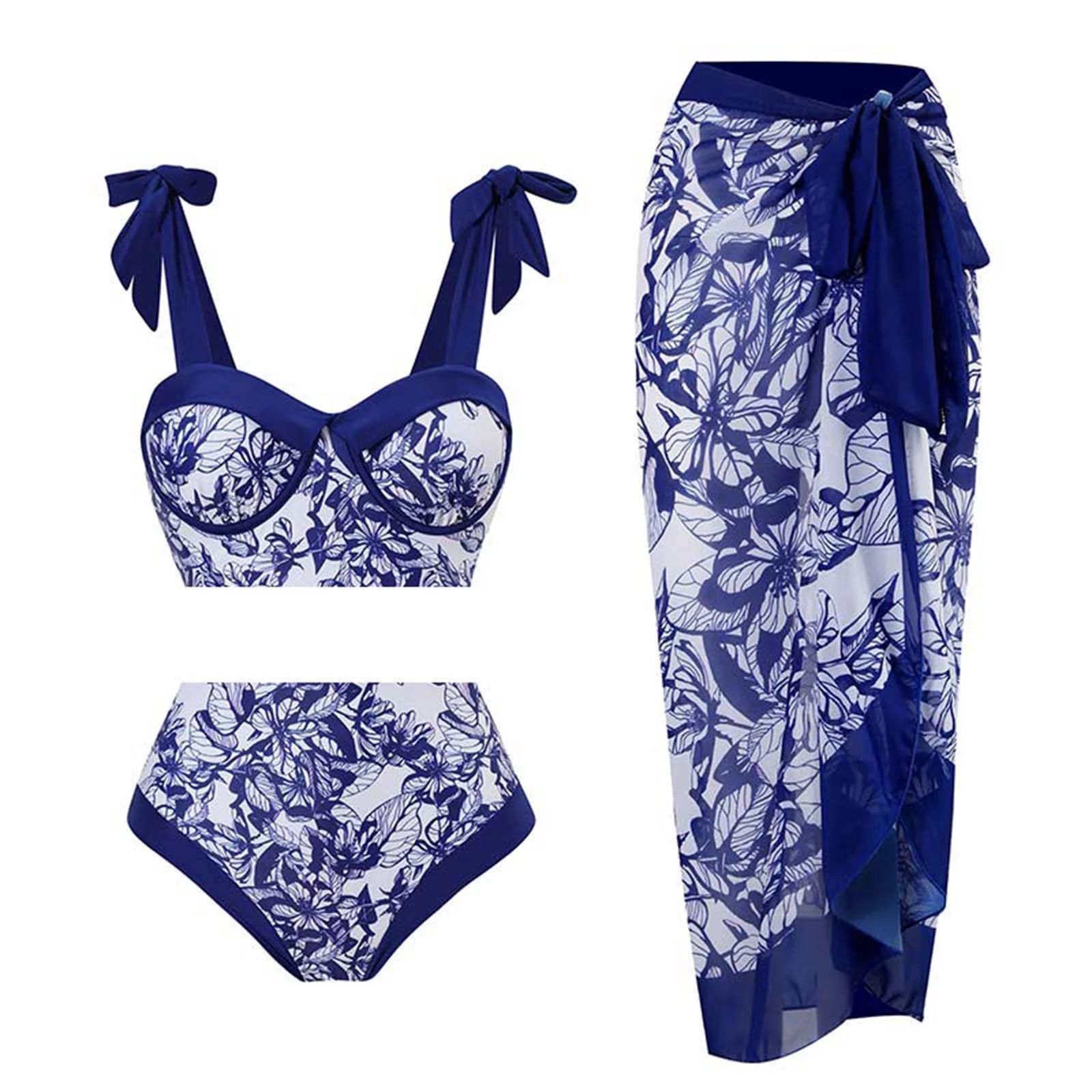 JGGSPWM Women's 3 Piece Modest Swimsuit High Waisted Bikini with Kimono Cover Up Set Blue S | Walmart (US)