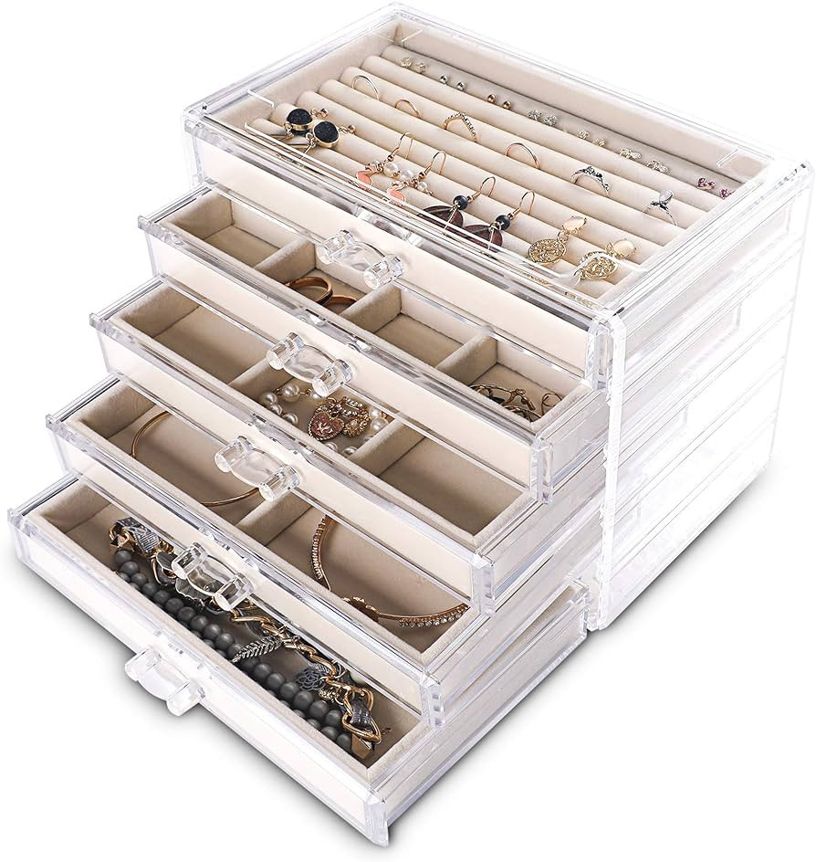 Frebeauty Extra Large Acrylic Jewelry Box for Women Girls 5 Layers Clear Velvet Earring Organizer... | Amazon (US)