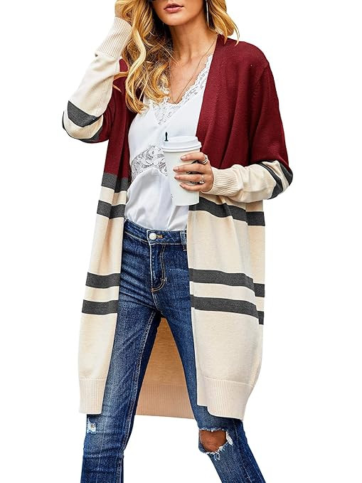 Misassy Womens Color Block Long Cardigans Striped Open Front Knit Sweater Loose Duster Outwear | Amazon (US)