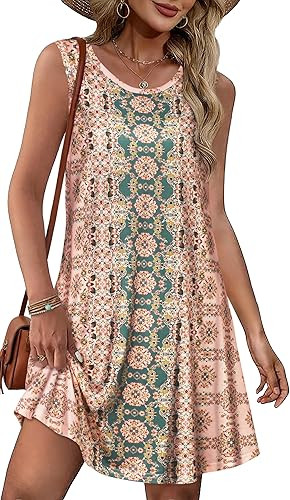 Summer Dresses for Women Beach Boho Sleeveless Vintage Floral Flowy Pocket Tshirt Tank Sundresses | Amazon (US)