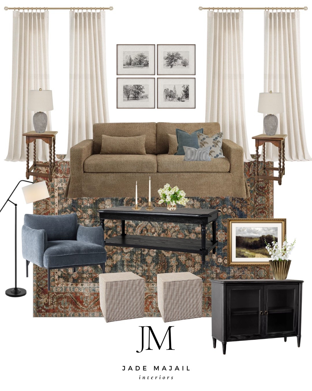 Modern and moody living room design 😍

Vintage wall art, pinch pleat curtains, slip cover sofa, side table, table lamp, coffee table, floor lamp, accent chair, cube ottoman, area rug, wall art, faux flowers, storage cabinet, home decor 