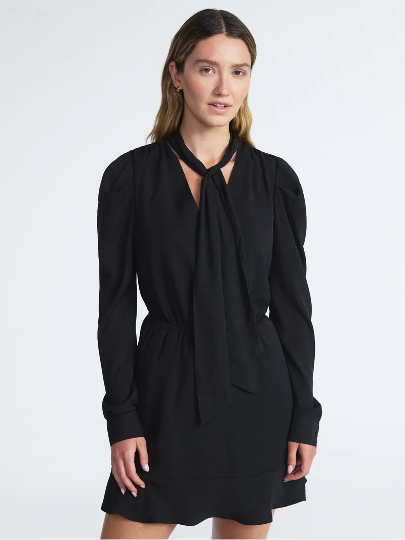 Scoop Women’s Tie Neck Mini Dress with Ruched Sleeves, Sizes XS-XXL | Walmart (US)