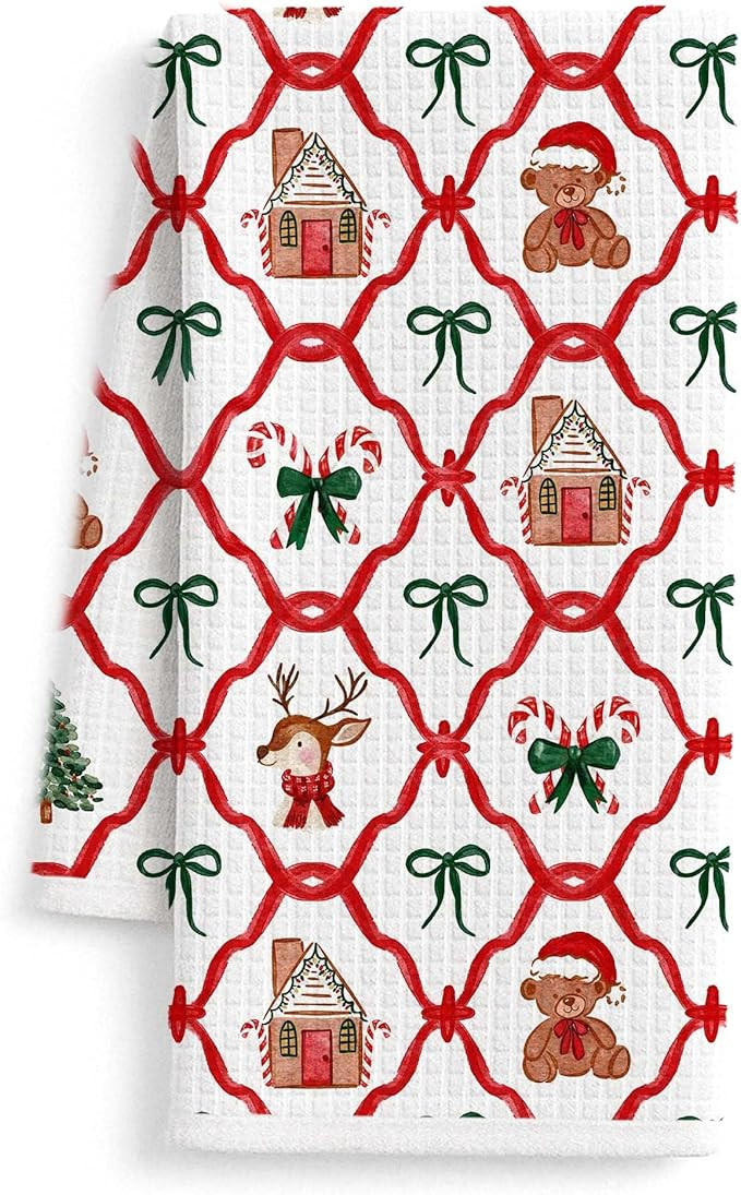 Red and Green Christmas Kitchen Towels, Holiday Winter Christmas Dish Tea Towels, Coquette Bow Xm... | Amazon (US)