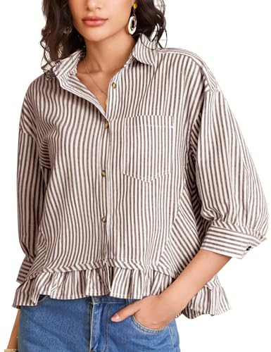 Flygo Womens 3/4 Sleeve Striped Button Down Shirts Cropped Ruffle Hem Casual Collared Drop Shoulder Cotton Blouse Summer Tops(Coffee-L) | Amazon (US)