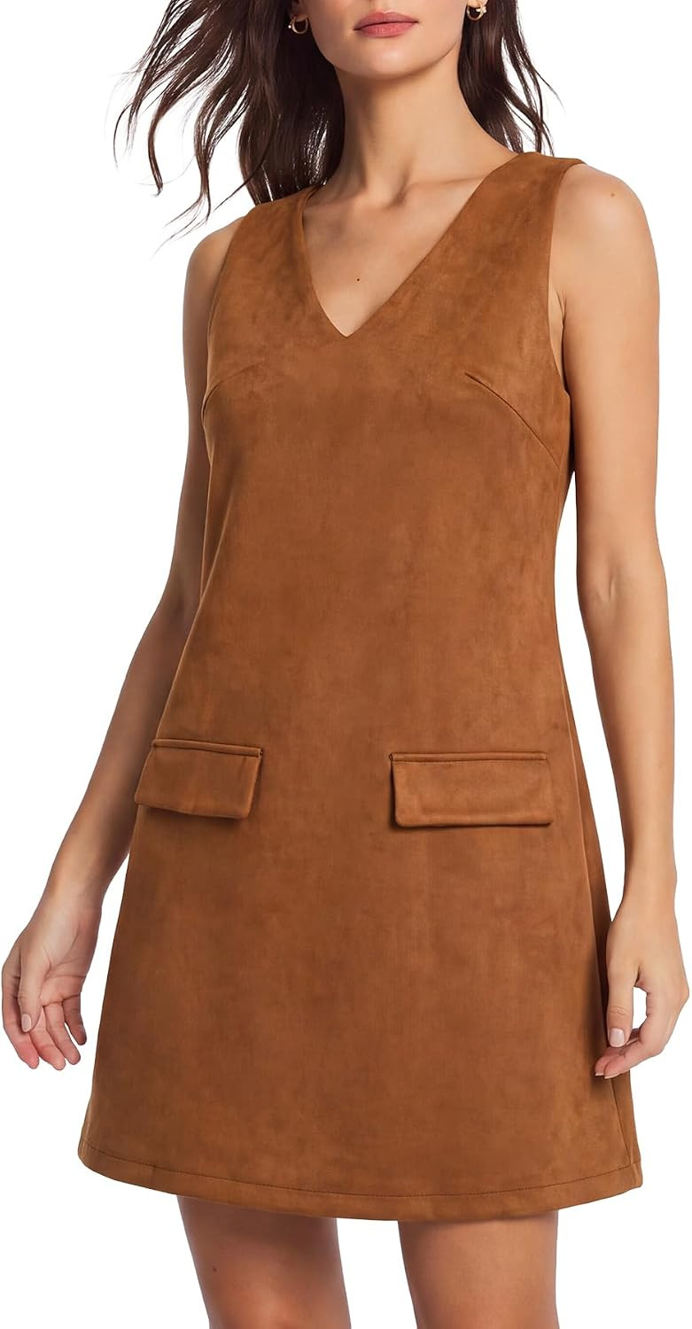 EZAPINE Women Faux Suede Dress V Neck Pinafore Overall Mini Dresses | Amazon (US)