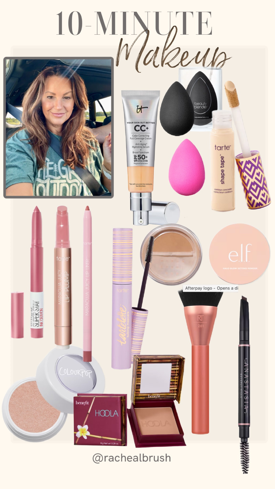 10-Minute Makeup Look. 
Travel makeup. Out the door look. On the go makeup  

CC Cream: Neutral Medium
Tarte Shape Tape: 22N Light Neutral
Brow: Soft Brown
Highlighter: Smoke n Whistles
Lip Liner: Soft Pink
Lip Crayon: Seek Adventure
Lip Gloss: Cherry Blossom

#LTKBeauty #LTKTravel #LTKOver40