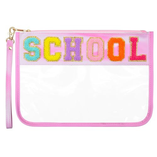 OlyPegic Chenille Letter Clear Makeup Bag, Snack Pouch for Travel Patch Cute Stuff, Preppy Cosmetic Toiletry Beach Zipper Pouch, Waterproof for Women Girls | Amazon (US)