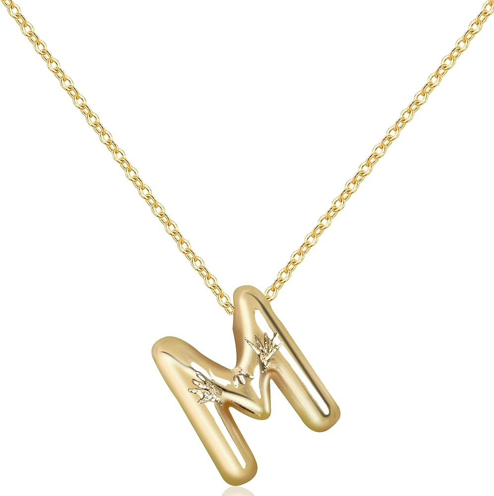 Letter Necklace Bubble Initial Pendant Necklaces for Women Cute Alphabet 14K Gold Plated Design B... | Amazon (US)
