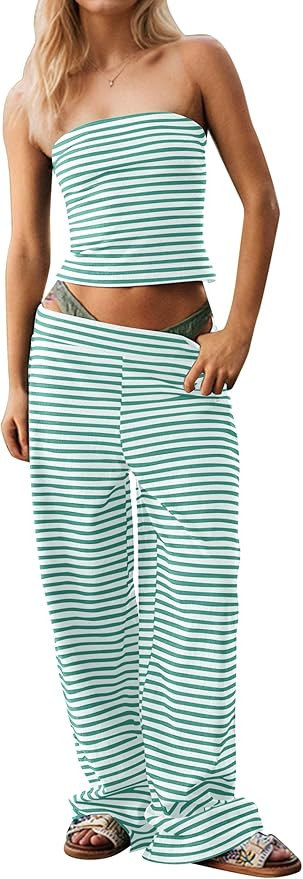 MISSACTIVER Women Two Piece Sets Striped Matching Outfits Strapless Crop Tube Top and Elastic Wai... | Amazon (US)